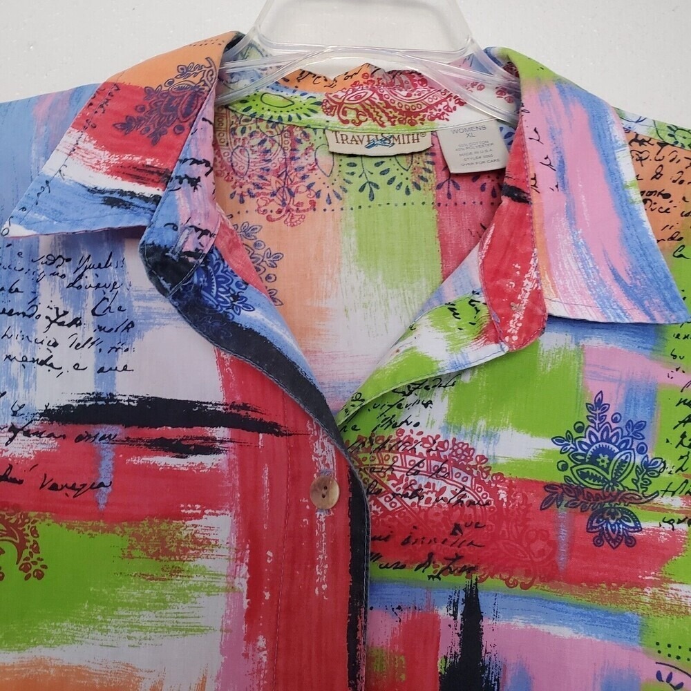 TravelSmith Womens XL Abstract Paisley Script Print Button Up Shirt Multi-Color - Picture 5 of 14